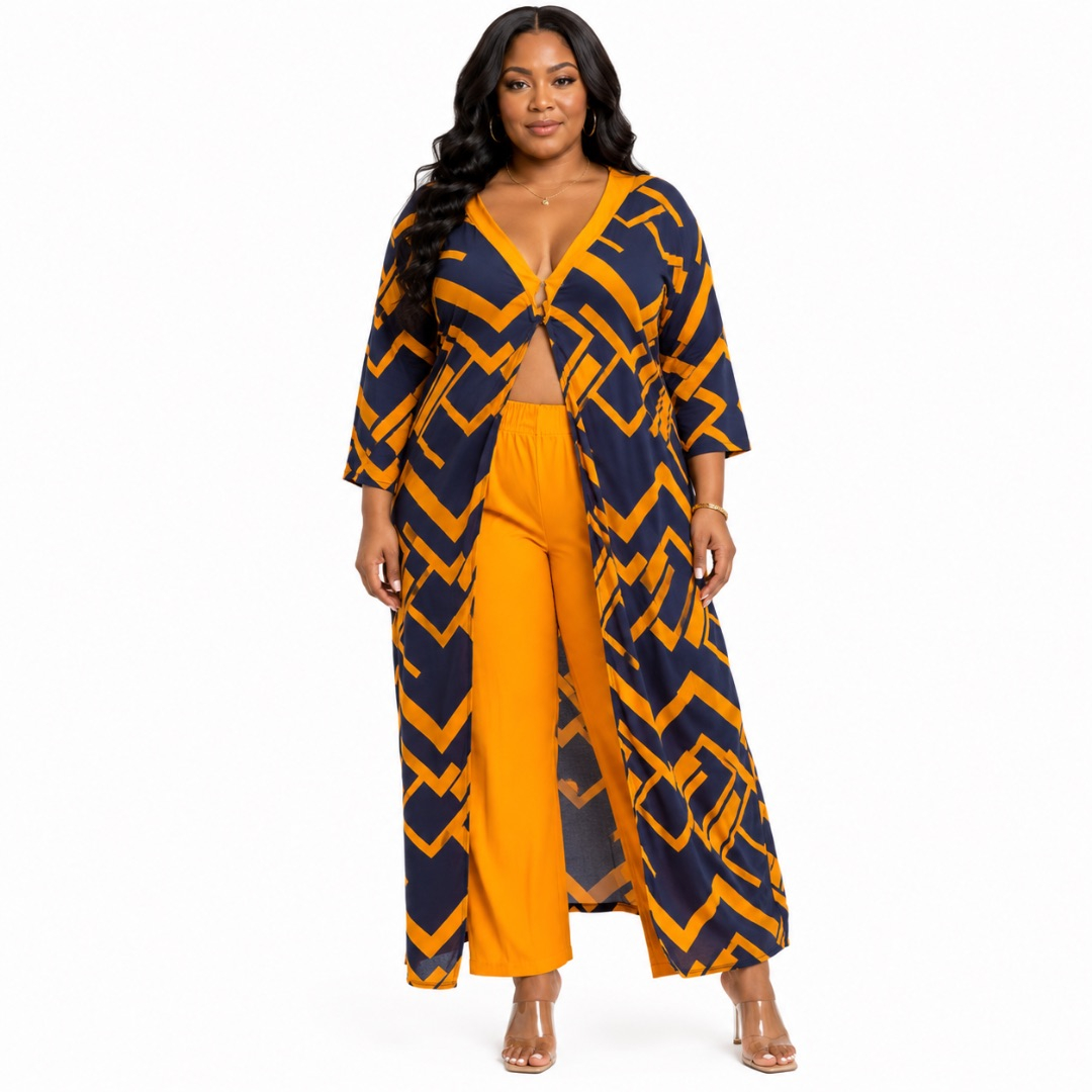 Geometric Print Longline Kimono and Wide Leg Trousers Set